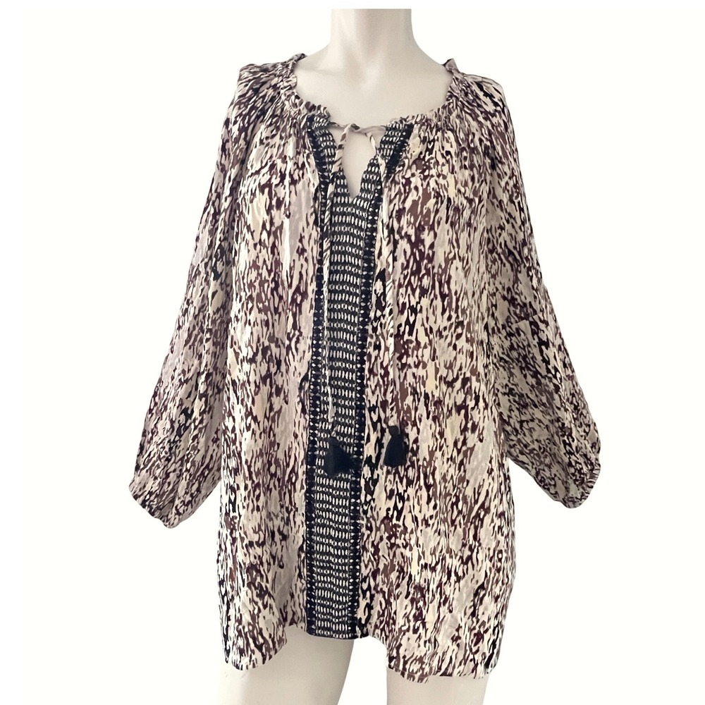 Casa Cabana Blouse Tunic Top XL‎ Long Sleeve Tie Neck Abstract Hippie Boho Fairy